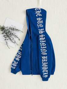 SHEIN Tween Girl Letter Graphic Raglan Sleeve Zip Up Hoodie,In Fall/Winter - Blue - View 4