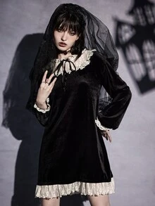 ROMWE Goth Contrast Lace Tie Front Velvet Dress - Black - View 6