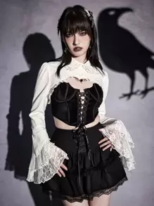 ROMWE Goth 蕾絲拼接前紐扣超短版襯衫 - 白色 - 查看 6