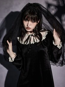 ROMWE Goth Contrast Lace Tie Front Velvet Dress - Black - View 5