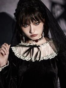 ROMWE Goth Contrast Lace Tie Front Velvet Dress - Black - View 3