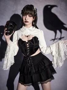 ROMWE Goth 蕾絲拼接前紐扣超短版襯衫 - 白色 - 查看 7