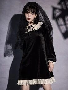 ROMWE Goth Contrast Lace Tie Front Velvet Dress - Black - View 4