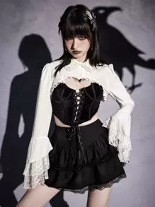 ROMWE Goth 蕾絲拼接前紐扣超短版襯衫 - 白色 - 查看 3