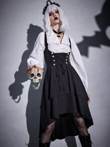 ROMWE Goth Lace Up High Low Hem Suspender Dress - Black - View 1