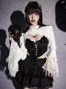 ROMWE Goth 蕾絲拼接前紐扣超短版襯衫 - 白色 - 查看 4