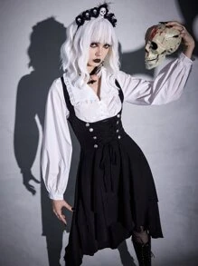 ROMWE Goth Lace Up High Low Hem Suspender Dress - Black - View 2