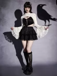 ROMWE Goth 蕾絲拼接前紐扣超短版襯衫 - 白色 - 查看 5
