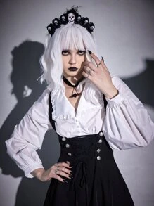 ROMWE Goth Lace Up High Low Hem Suspender Dress - Black - View 3