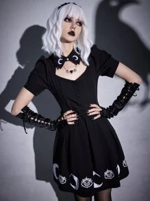 ROMWE Goth Moon Graphic Puff Sleeve Fold Pleated Dress - Black - View 2