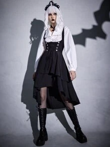 ROMWE Goth Lace Up High Low Hem Suspender Dress - Black - View 4