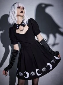 ROMWE Goth Moon Graphic Puff Sleeve Fold Pleated Dress - Black - View 3