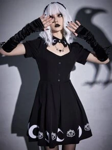 ROMWE Goth Moon Graphic Puff Sleeve Fold Pleated Dress - Black - View 4