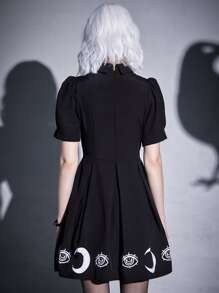 ROMWE Goth Moon Graphic Puff Sleeve Fold Pleated Dress - Black - View 5