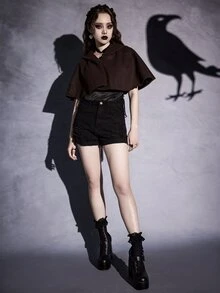 ROMWE Goth Solid Cape Coat - Coffee Brown - View 4