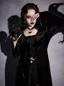 ROMWE Lace Up Front Flounce Sleeve Velvet Coat - Black - View 2