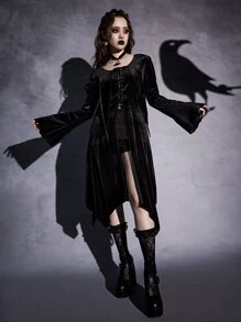 ROMWE Lace Up Front Flounce Sleeve Velvet Coat - Black - View 3