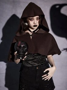 ROMWE Goth Solid Cape Coat - Coffee Brown - View 5