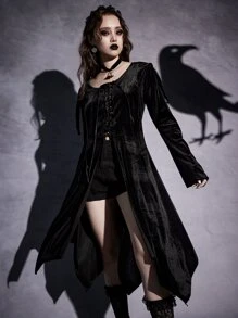 ROMWE Lace Up Front Flounce Sleeve Velvet Coat - Black - View 4