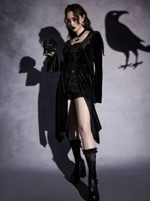 ROMWE Lace Up Front Flounce Sleeve Velvet Coat - Black - View 5