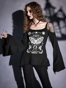 ROMWE Goth 蝴蝶圖案蕾絲拼接挖肩T恤 - 黑色 - 查看 2