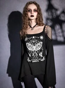 ROMWE Goth 蝴蝶圖案蕾絲拼接挖肩T恤 - 黑色 - 查看 3
