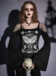 ROMWE Goth 蝴蝶圖案蕾絲拼接挖肩T恤 - 黑色 - 查看 1