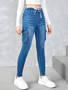 SHEIN Quần jean có túi nắp phía trước cho cô gái tuổi teen - Rửa tối - Xem 3