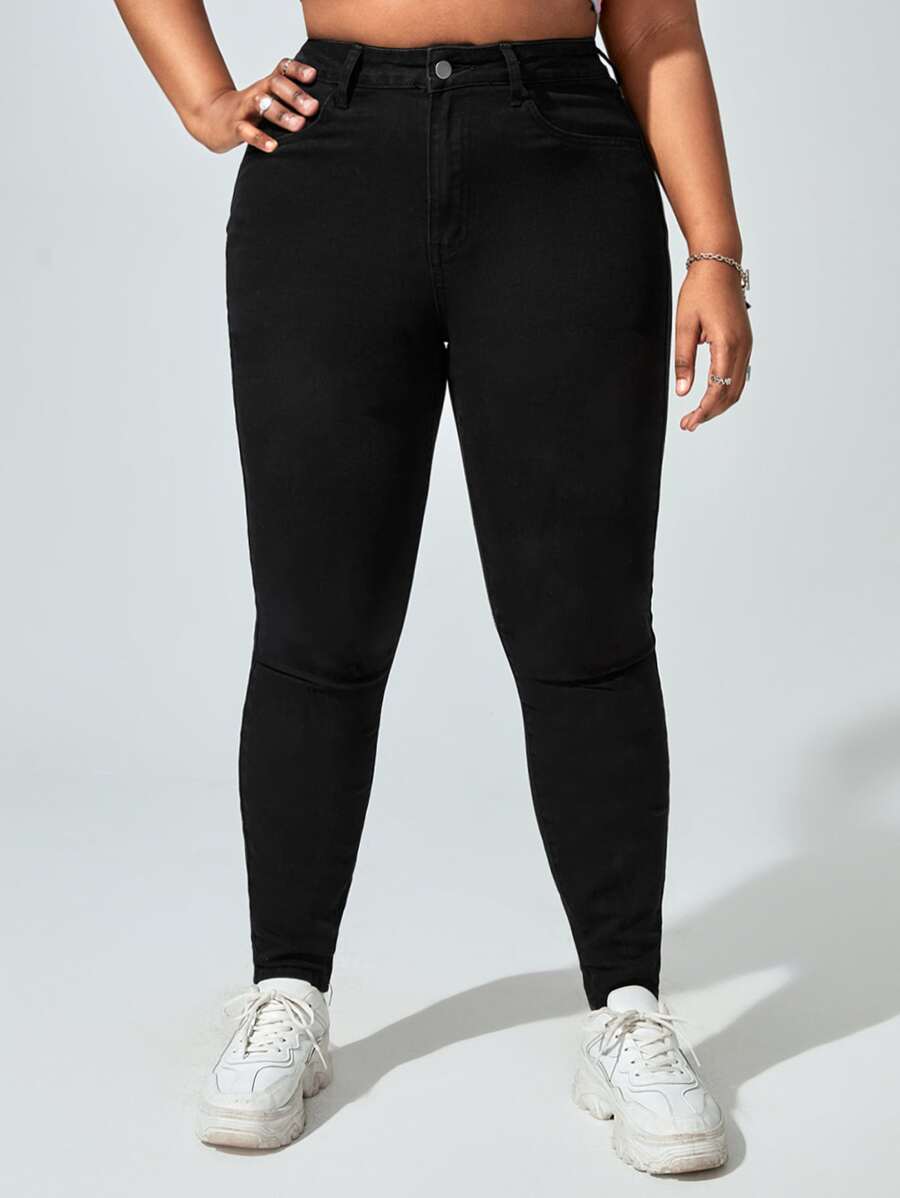 SHEIN Essnce Jeans ajustados de talle alto - Negro - Ver 1