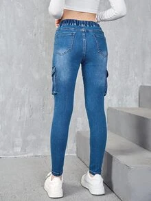 SHEIN Quần jean có túi nắp phía trước cho cô gái tuổi teen - Rửa tối - Xem 2