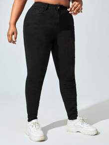 SHEIN Essnce Jeans ajustados de talle alto - Negro - Ver 3