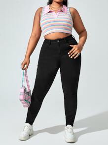 SHEIN Essnce Jeans ajustados de talle alto - Negro - Ver 4