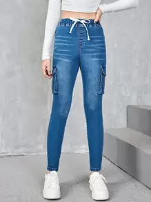 SHEIN Quần jean có túi nắp phía trước cho cô gái tuổi teen - Rửa tối - Xem 1