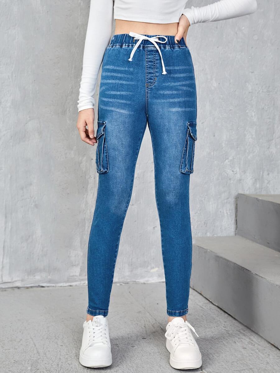 SHEIN Quần jean có túi nắp phía trước cho cô gái tuổi teen - Rửa tối - Xem 1