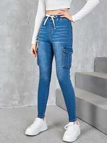 SHEIN Quần jean có túi nắp phía trước cho cô gái tuổi teen - Rửa tối - Xem 5