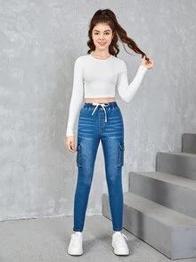 SHEIN Quần jean có túi nắp phía trước cho cô gái tuổi teen - Rửa tối - Xem 4