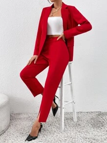 SHEIN Privé Double Button Blazer & Split Hem Suit Trousers - Red - View 4