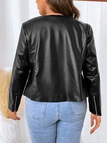SHEIN Clasi Plus Zip Up PU Leather Jacket - Black - View 2