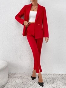 SHEIN Privé Double Button Blazer & Split Hem Suit Trousers - Red - View 5