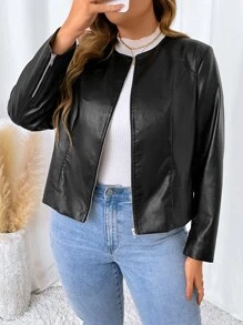 SHEIN Clasi Plus Zip Up PU Leather Jacket - Black - View 3