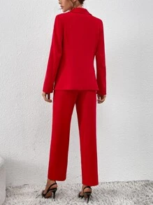 SHEIN Privé Double Button Blazer & Split Hem Suit Trousers - Red - View 2