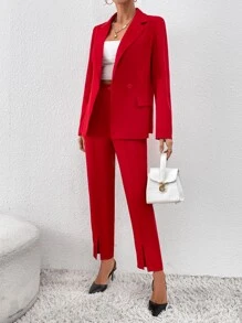 SHEIN Privé Double Button Blazer & Split Hem Suit Trousers - Red - View 3