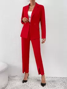 SHEIN Privé Double Button Blazer & Split Hem Suit Trousers - Red - View 1