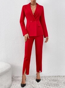 SHEIN Privé Double Button Blazer & Split Hem Suit Trousers - Red - View 6