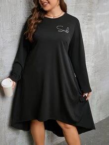 Plus Letter Graphic High Low Hem Dress - Black - View 2