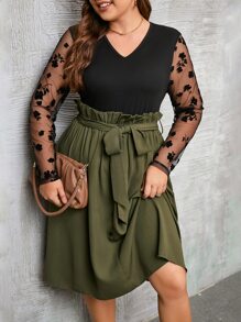 SHEIN Clasi Plus Floral Print Contrast Mesh Belted Dress - Multicolor - View 1