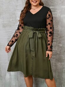 SHEIN Clasi Plus Floral Print Contrast Mesh Belted Dress - Multicolor - View 3