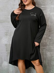 Plus Letter Graphic High Low Hem Dress - Black - View 6