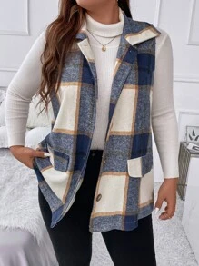 SHEIN LUNE Plus Plaid Print Flap Detail Vest Overcoat - Multicolor - View 1