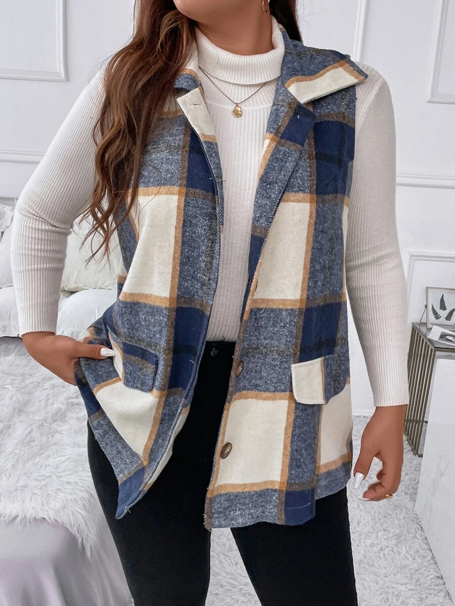 SHEIN LUNE Plus Plaid Print Flap Detail Vest Overcoat - Multicolor - View 1
